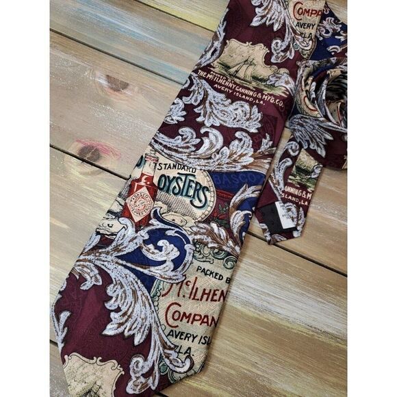 Tabasco Silk Wine OYSTERS Avery Island Paisley Fun Tie 57" Statement Staple 324 - Picture 1 of 8
